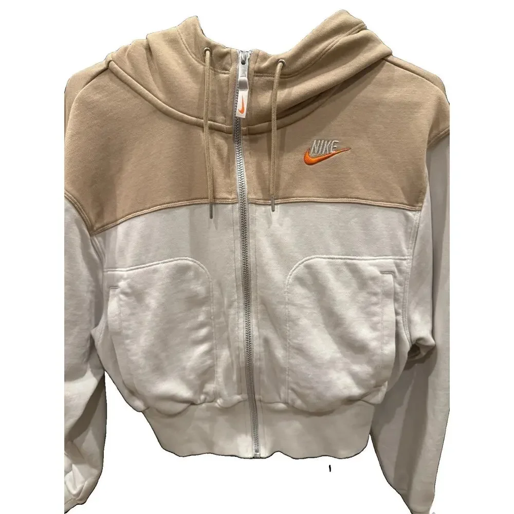 Nike Sportswear Phoenix Fleece Cropped Full Zip Hoodie XS Tan Cream FB7211-104